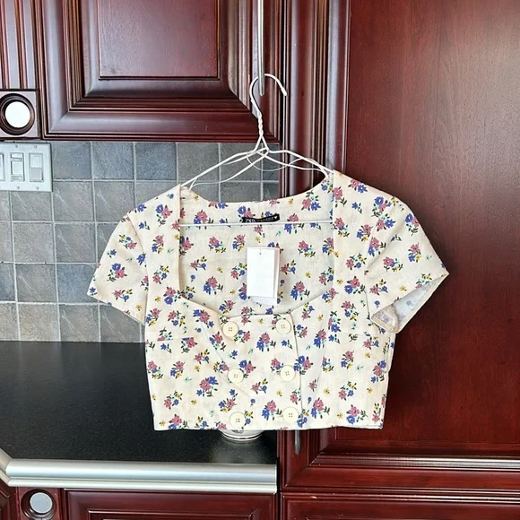 ZARA linen blend floral print cropped top size medium - Picture 8 of 13